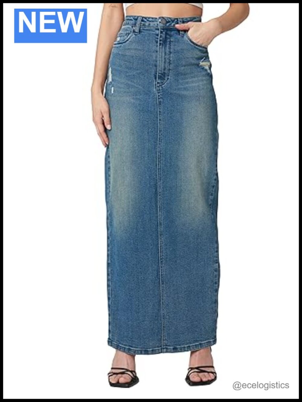 High Rise Maxi Denim Tube Skirt Cotton Blend Button Pocket